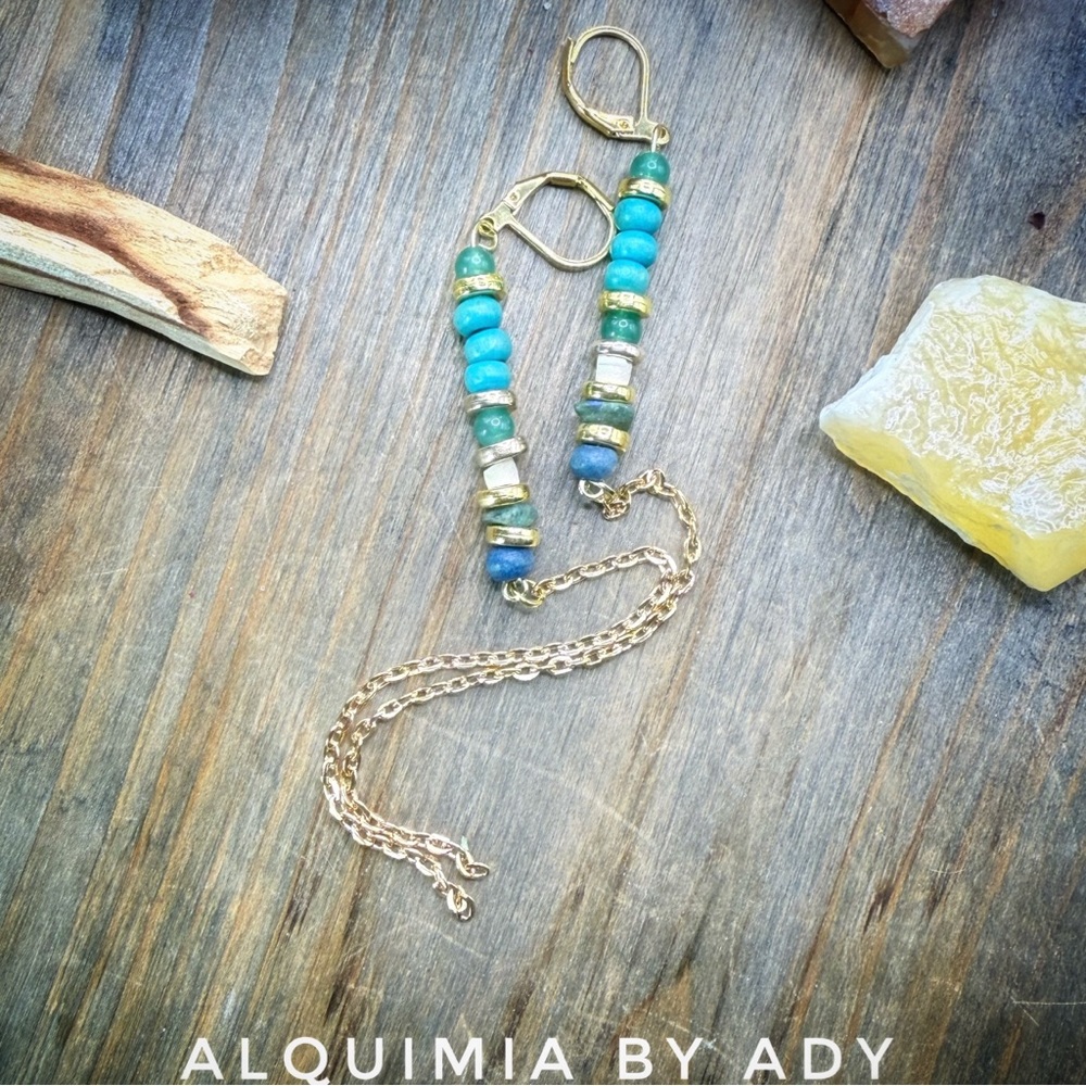 Turquoise and Aventurine + SHOULDER DUSTER statement dangle earrings - Picture 2 of 8